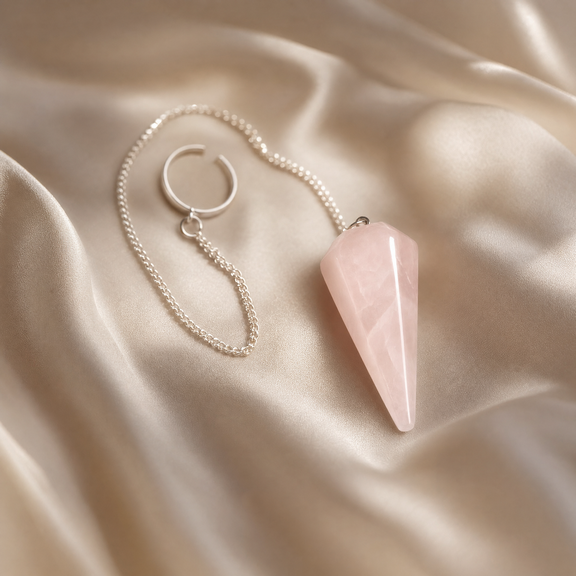 Best Pendulum finger-clip pendulum — rose quartz crystal on cream silk